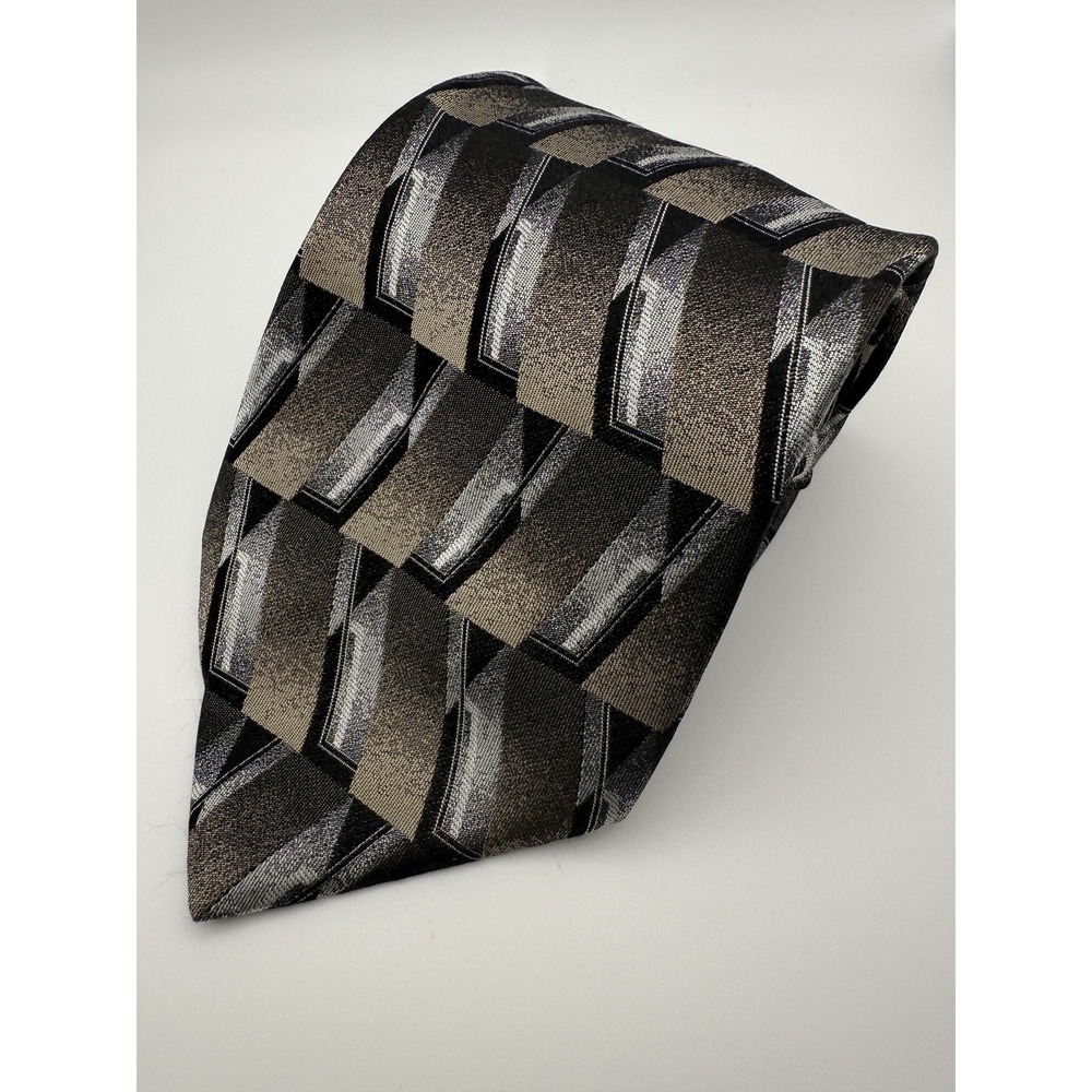 Arrow Tie Mens Silk Geometric Pattern Black Silver Gray Metallic Dress Neckwear